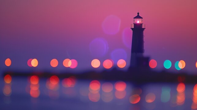 Defocused background image #2 The faint silhouette of a lighthouse stands tall against a backdrop of hazy multicolored lights dancing on the waters surface. .