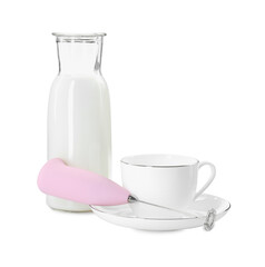 Milk frother wand, cup and glass carafe isolated on white