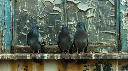 Pigeons perched on a weathered window