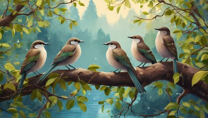 Birds Sitting On The Branch Of The Tree 4K Wallpaper - obrazy, fototapety, plakaty