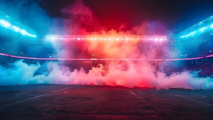 Surreal football arena with hazy atmosphere and vibrant neon lighting. Concept Surreal Imagery, Football, Neon Lighting, Hazy Atmosphere, Vibrant Colors