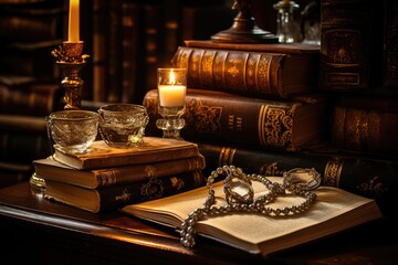 Fototapeta na wymiar Haunted Library: Showcase jewelry on antique books in a dimly lit library.