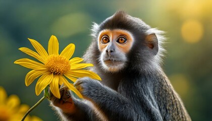 Fototapeta premium A silver leaf or silvery Lutung monkey, Trachypithecus cristatus, reaching out for a yellow flower 
