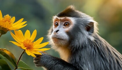 Fototapeta premium A silver leaf or silvery Lutung monkey, Trachypithecus cristatus, reaching out for a yellow flower 