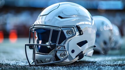 Protective white American football helmet on a plain background. Concept Sports Equipment, American Football, Protective Gear, Helmet, White Color