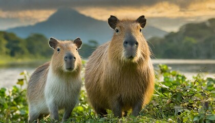 Adult and young Capybara (Hydrochoerus hydrochaeris) - obrazy, fototapety, plakaty