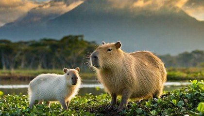Adult and young Capybara (Hydrochoerus hydrochaeris)