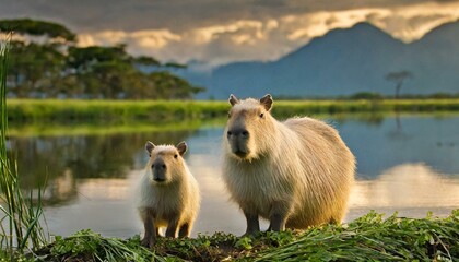 Adult and young Capybara (Hydrochoerus hydrochaeris)