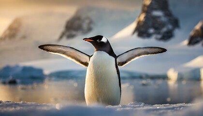 An Adelie penguin stretches its wings in Antarctica