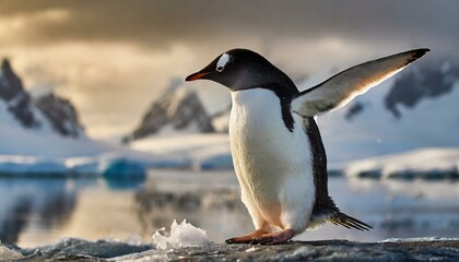 Obraz premium An Adelie penguin stretches its wings in Antarctica