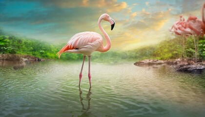 Flamingo Stand in The Water With Beautiful background Nature 4K Wallpaper