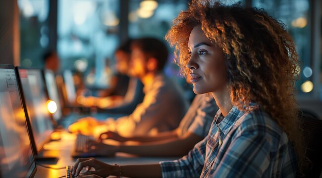A diverse group of employees working together in an openplan office, using computers and staring at the screen with serious expressions on their faces, illuminated by warm desk lamps, symbolizing coll