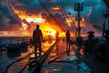 Crew members conducting routine maintenance on the deck of a cargo ship during sunset.