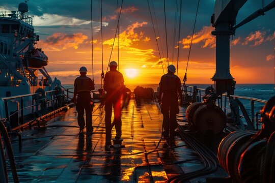 Crew members conducting routine maintenance on the deck of a cargo ship during sunset.