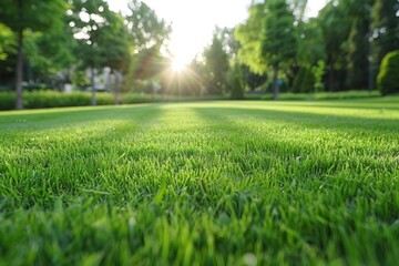 Green field grass lawn beautiful garden summer sunlight nature beauty yard cottage outdoors trees spring field relaxation flowers blooming fresh leaves - Powered by Adobe
