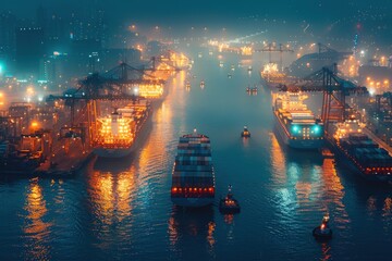 Nighttime at the port with illuminated cargo ships lined up for loading and unloading operations. - obrazy, fototapety, plakaty