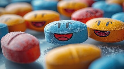 Colorful Candy Pills with Smiley Faces on Blue Background - obrazy, fototapety, plakaty