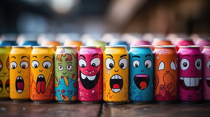 Colorful Cartoon Faces on Soda Cans