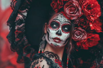 Photo of a Beautiful Woman Celebrating The Dia De Los Muertos, Generative AI