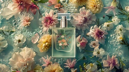 Pastel Perfume Bottle Surrounded by Submerged Blossoms