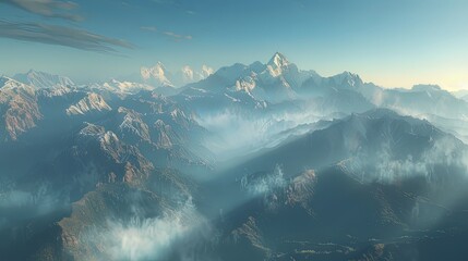 A breathtaking mountain landscape at sunrise, with misty valleys and snow-capped peaks stretching to the horizon.