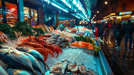 A colorful seafood market bustling with activity, showcasing an array of freshly caught fish, shellfish, and crustaceans on ice. - obrazy, fototapety, plakaty