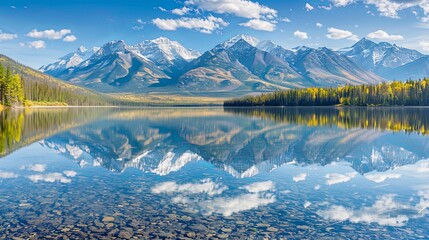 A crystal-clear lake reflecting towering snow-capped mountains, illustrating the harmony between water and mountains in pristine landscapes.