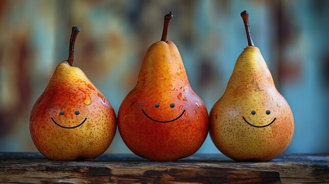 Smiling Cartoon Pears on a Wooden Surface