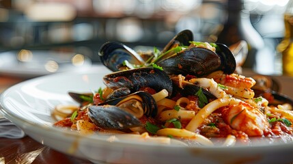 A gourmet seafood pasta dish, adorned with plump mussels, tender calamari, and rich marinara sauce, served in an elegant restaurant setting. - obrazy, fototapety, plakaty