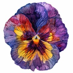 A watercolor painting of a purple pansy with yellow and red highlights