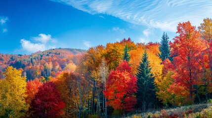 A panoramic view of a colorful autumn landscape, with trees ablaze in hues of red, orange, and gold against a clear blue sky.