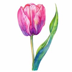 A watercolor painting of a single pink tulip in full bloom against a white background.