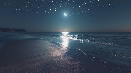 A peaceful beach scene at night, with the moon reflecting on the calm waters and stars twinkling above like diamonds in the sky. - obrazy, fototapety, plakaty
