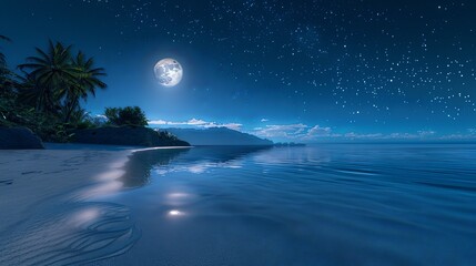 A peaceful beach scene at night, with the moon reflecting on the calm waters and stars twinkling above like diamonds in the sky.