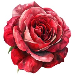 A watercolor painting of a single red rose in full bloom against a white background.