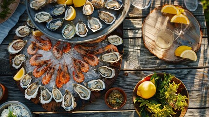 A rustic seaside picnic spread, featuring a bounty of oysters, clams, and shrimp cocktail served on a wooden platter with lemon wedges.