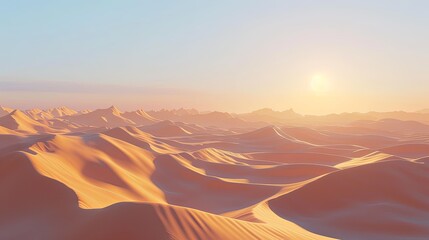 Fototapeta na wymiar A serene desert landscape with sand dunes stretching to the horizon, bathed in golden light under a cloudless sky.