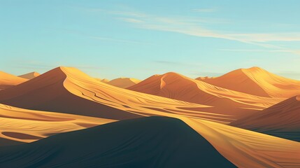 A serene desert landscape with sand dunes stretching to the horizon, bathed in golden light under a cloudless sky. - obrazy, fototapety, plakaty