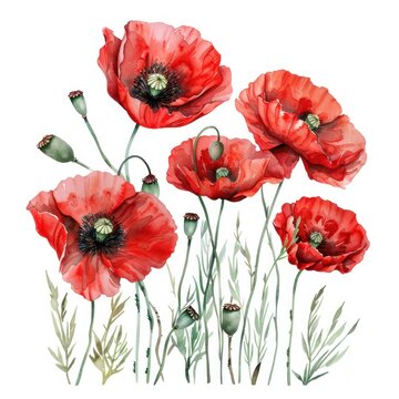 watercolor painting of red poppies, white background