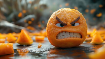 Angry Orange Cartoon Character on Moody Background