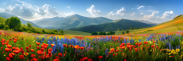 Fototapeta premium A vibrant and colorful flower landscape with mountain scenery, fields, and a summer holiday atmosphere.