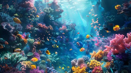 Fototapeta na wymiar A vibrant coral reef teeming with marine life, highlighting the breathtaking biodiversity of underwater ecosystems.