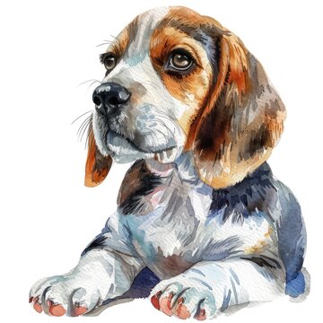 A watercolor painting of a beagle puppy