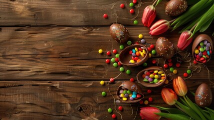 Festive Easter arrangement Overhead view of broken chocolate eggs filled with colorful candies alongside tulips on a wooden table with room for notes - Powered by Adobe