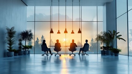 A group of people are sitting in a conference room with a view of the sunset