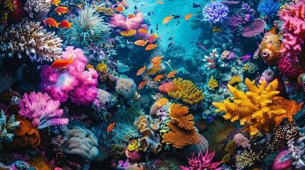 Close-up of a colorful coral reef teeming with marine life, showcasing the vibrant biodiversity of underwater ecosystems in tropical seas.