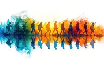 A group of people walking in a line with a rainbow background