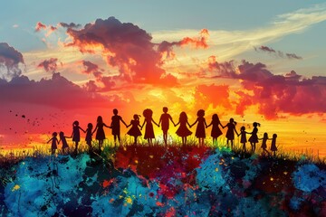 A group of children are holding hands in a field at sunset