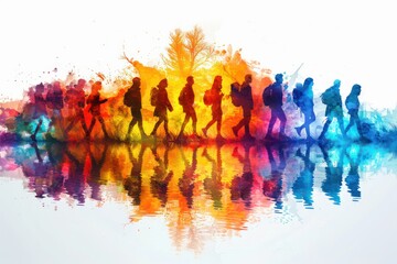 A group of people are walking in a rainbow line