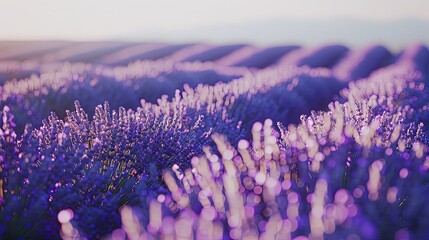 Close-up of a field of lavender in bloom, with rows of fragrant purple flowers stretching to the horizon under a cloudless sky.
